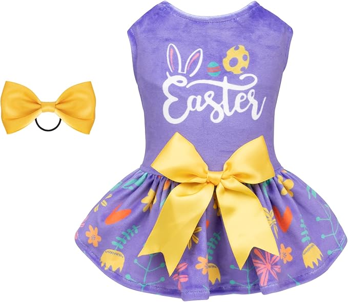 CuteBone Easter Dog Dress Velvet for Small Dogs Girl Flower Skirt Puppy Dresses Purple Dog Clothes CVA16S-D