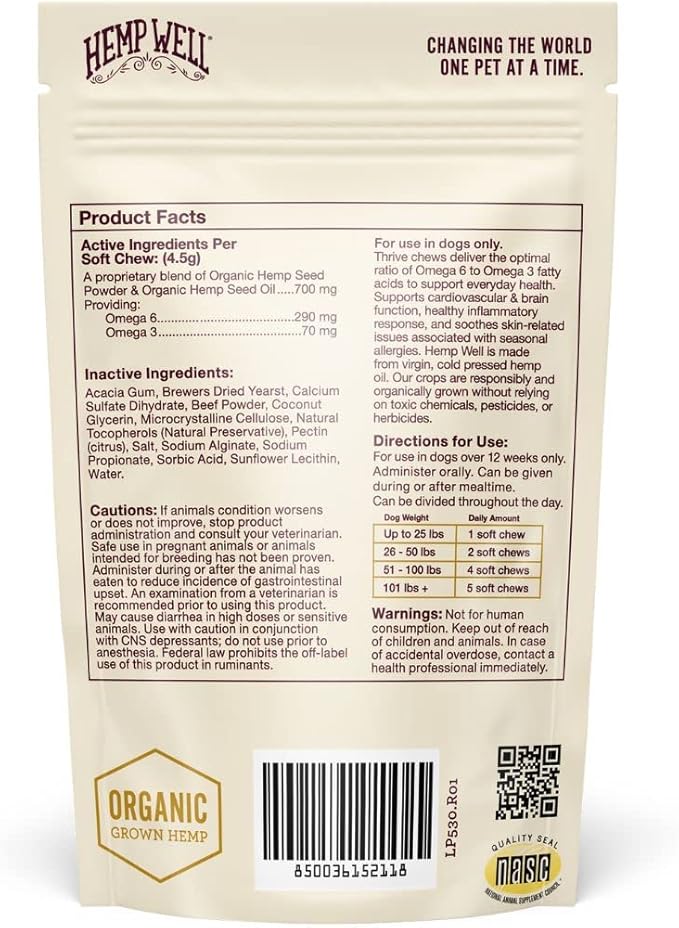 Hemp Well Thrive Chews for Dogs – Supports Healthy, Skin, Hip, Joint, and Heart Health, Promotes Immune Support, Fights Seasonal Allergies, Organically Sourced – 30 Count