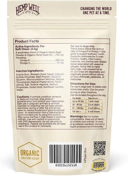 Hemp Well Thrive Chews for Dogs – Supports Healthy, Skin, Hip, Joint, and Heart Health, Promotes Immune Support, Fights Seasonal Allergies, Organically Sourced – 30 Count