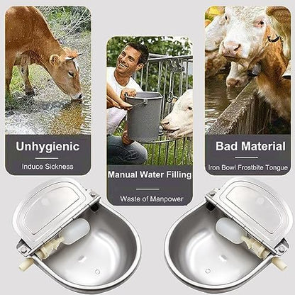Automatic Animal Water Bowl with Float Valve, 304 Stainless Steel Livestock Water Dispenser for Dog Horse Goat Pig Cow Livestock Water Bowl Kit Includ Pipe Hose, Quick Connecter, Expansion Bolt
