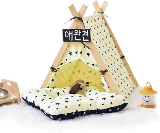 Pet beds, Pet Bed Tent Wooden Dog House Pet Bed Cat Bed Yurt Washable Kennel Cat Litter Small(60x55x65cm)