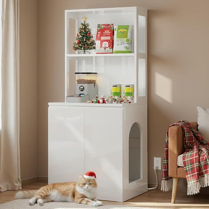 YITAHOME Large Cat Litter Box Furniture with Shelves and Charging Station, Hidden for Self-Cleaning Cats Litter Box Enclosure, Wooden Cat Cabinet for Smart Litter-Box Size, High-Gloss White