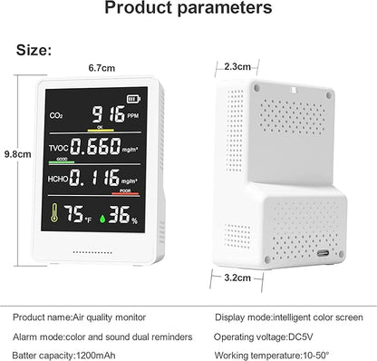 5-in-1 Professional Indoor Air Quality Monitor Indoor Portable CO2 Monitor | Temperature | Formaldehyde Detector | Humidity TVOC | Air Quality Tester - Confined Space Clean Air Monitor (White)