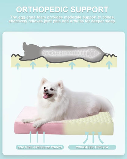 KSIIA Orthopedic Dog Bed Waterproof Dog beds for Medium Dogs Deluxe Plush Washable Pet Mat with Egg Crate Foam & Removable Cover, 29 x 18 Inch, Pink