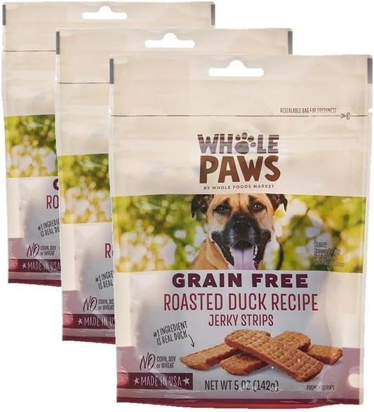 Whole Paws, Grain-Free Jerky Dog Treats, Roasted Duck Recipe, 5 Ounce (Pack of 3)