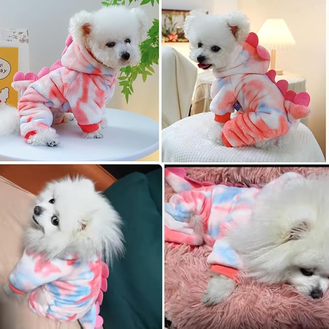 Dinosaur Dog Clothes for Small Dogs - Fleece Winter Puppy Hoodies with Leash Ring, Cat Coat, Funny Dinosaur Costume for Girl, Boy, Christmas, Halloween (Pink, Large)