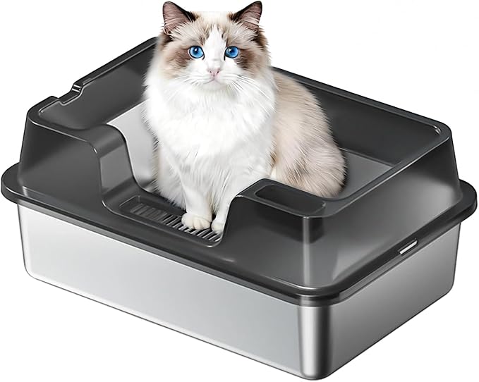 Enclosed Stainless Steel Cat Litter Box with Lid Extra Large Litter Box for Big Cats XL Metal Litter Pan Tray with High Wall Sides Enclosure, Non-Sticky, Anti-Leakage, Easy Cleaning