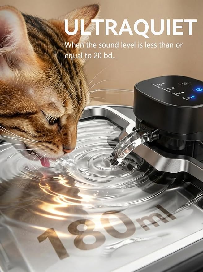 5L Smart Cat Dog Water Fountain, Stainless Wireless Dog Water Bowl | 5L wireless cat dog fountain for small dogs and multi-cat homes, sensor flow, quiet use, 4000mAh battery ,3 filter set