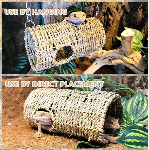 Hanging Reptile Hide Cave,Natural Seagrass Fiber Bearded Dragon Hammock Hideout,Reptile Shelter Sleeping Cave Swing Climbing Toys Terrarium Decor for Lizard Gecko Snake Hermit Crabs(Round)