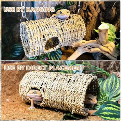 Hanging Reptile Hide Cave,Natural Seagrass Fiber Bearded Dragon Hammock Hideout,Reptile Shelter Sleeping Cave Swing Climbing Toys Terrarium Decor for Lizard Gecko Snake Hermit Crabs(Round)