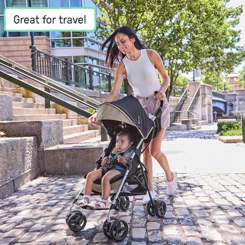 Ingenuity 3D Mini Convenience Stroller – Lightweight Stroller with Compact Fold, Multi-Position Recline, Canopy with Pop Out Sun Visor – Umbrella Stroller for Travel and More, Cashew Tan