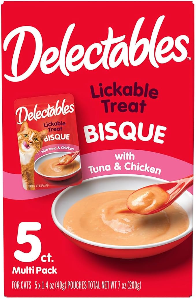 Delectables Lickable Treat Bisque Non-Seafood Wet Cat Treat with Real Tuna & Chicken, Food Topper, Hydrating, Grain-Free, No Fillers, By-Products, Added Preservatives, 1.4oz Pouch, 30ct