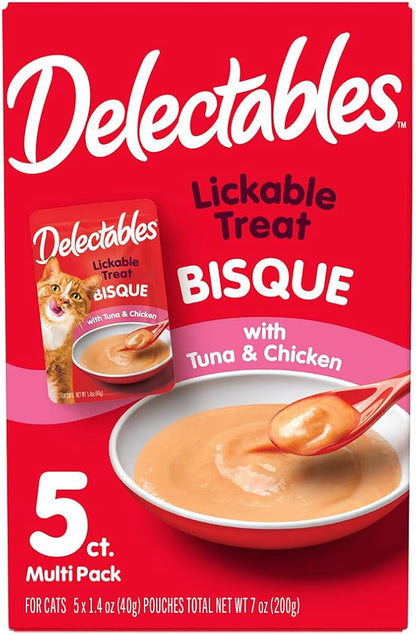 Delectables Lickable Treat Bisque Non-Seafood Wet Cat Treat with Real Tuna & Chicken, Food Topper, Hydrating, Grain-Free, No Fillers, By-Products, Added Preservatives, 1.4oz Pouch, 30ct