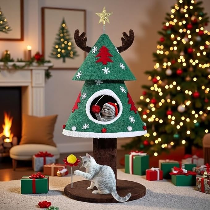 YITAHOME Christmas Cat Tree, 47.2in Christmas Tree Cat Tower with Teaser Ball, Festive Kitty Bed Furniture for Small Cats