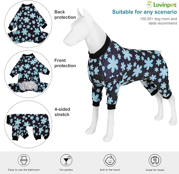 LovinPet Large Pet Pajamas, Pet Anxiety Relief Shirt, Sun Protection Dog Onesie, Comfy Stretchy Fabric, Sage Print, Big Dog Surgery Recovery PJ's, Dog Party Apparel, Black XL