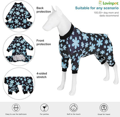 LovinPet Large Pet Pajamas, Pet Anxiety Relief Shirt, Sun Protection Dog Onesie, Comfy Stretchy Fabric, Sage Print, Big Dog Surgery Recovery PJ's, Dog Party Apparel, Black XL