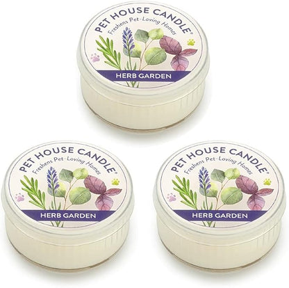 Pet House Mini Candles for Pet Odor Made with Natural Soy Wax, Plant Based, Dog and Cat Friendly Scented, Herb Garden Pack of 3