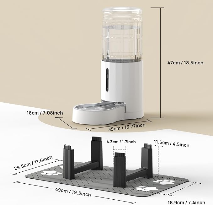 CZPET Elevated Dog Water Bowl Dispenser for Large Dogs (9.5L+Stand,White) | With Stainless Steel Bowl Gravity Waterer, Large Capacity and Drinking Area Noise-Free for Pets