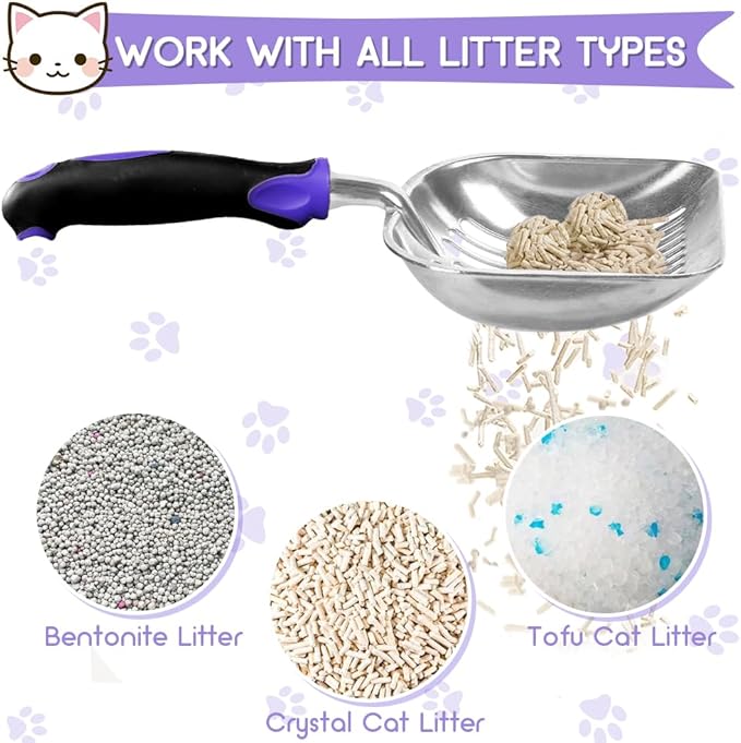 Showvigor Cat Litter Scoop, Metal Cat Scooper, Rubber Handle Scoop, Sifting Shovel – Heavy Duty Aluminum Alloy Litter Box Scoop with Deep Mesh, Design for Easy Waste Removal and Cleaning(Purple)
