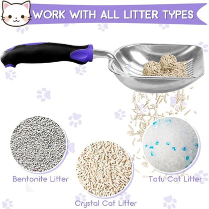 Showvigor Cat Litter Scoop, Metal Cat Scooper, Rubber Handle Scoop, Sifting Shovel – Heavy Duty Aluminum Alloy Litter Box Scoop with Deep Mesh, Design for Easy Waste Removal and Cleaning(Purple)