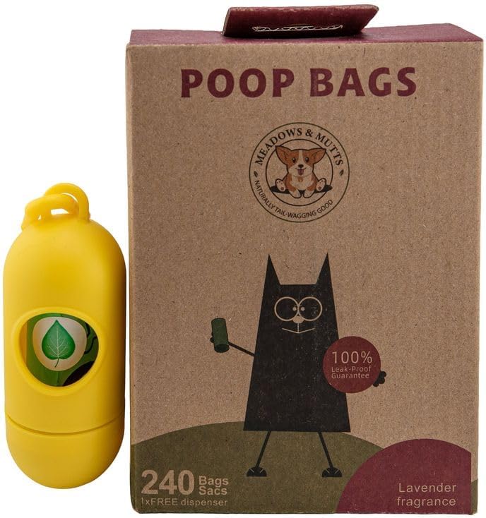 MEADOWS & MUTTS Dog Poop Bags with Dispenser - 240 Count Compostable Biodegradable Plant Based Pet Waste Bags | Leak Proof Extra Thick | Lavender Scented Puppy Poop Bags