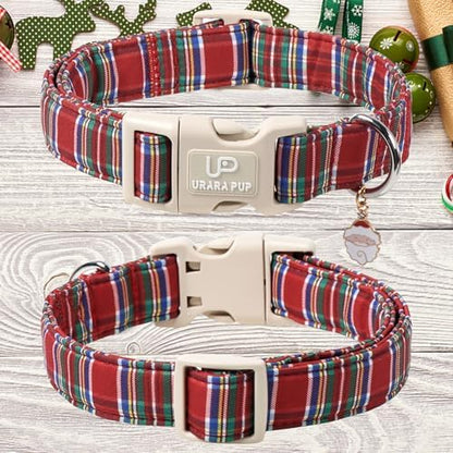 Christmas Plaid Dog Collar, Red and Blue Check Adjustable Pet Collar with Quick Release, Christmas Stripes Collar for Small Medium Large Dogs M