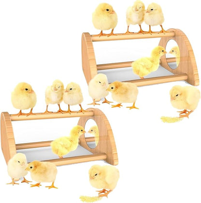Mini Chick Perch with Mirror, Strong Bamboo Roosting Bar for coop and brooder, Training Perch for Baby Chicks, El Pollitos, La Pollita, Easy to Assemble and Clean, Fun Toys for Chick, 2 Pack