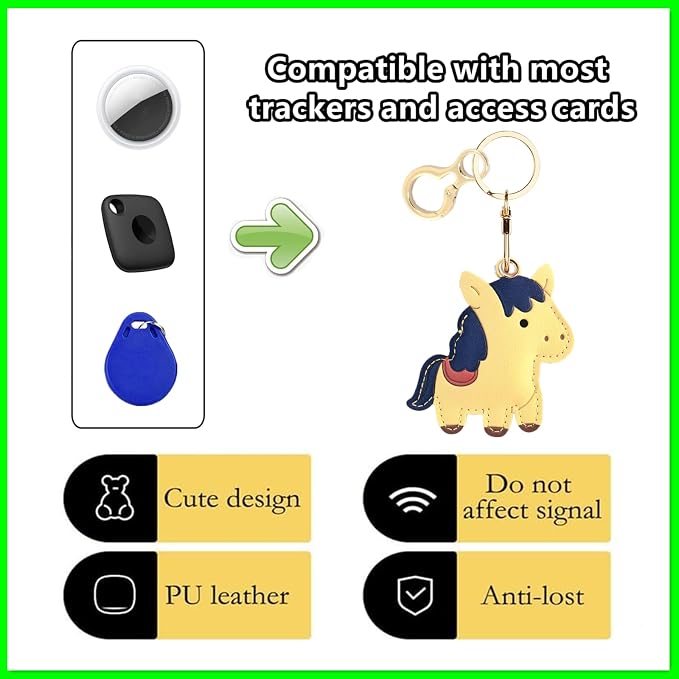 Leather Keychain Holder Case Compatible with AirTag,Cute Protective Cover with Keyring,Anti-Scratch Finder GPS Tracker Case for Wallet Keys,Bag,Pets,Backpack(Yellow Horse)