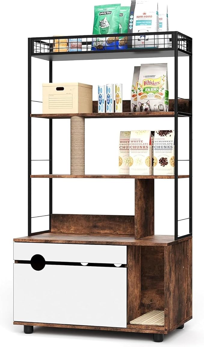 2-in-1 Hidden Cat Litter Box Enclosure Furniture with 4-Tier Shelves & Scratching Post, Large Wooden Cat Litter Cabinet for Most Litter Boxes, Brown