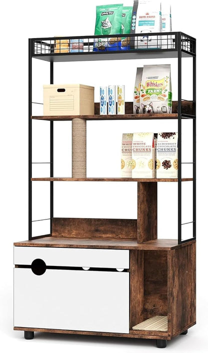 2-in-1 Hidden Cat Litter Box Enclosure Furniture with 4-Tier Shelves & Scratching Post, Large Wooden Cat Litter Cabinet for Most Litter Boxes, Brown