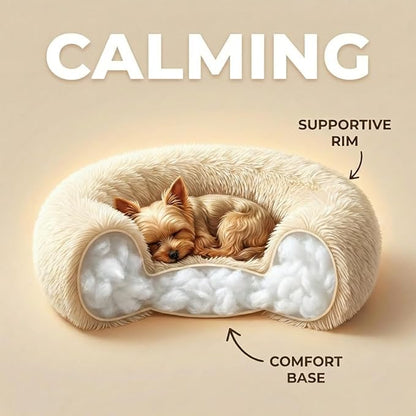 Tiny Dog Bed 15 Inch for Extra Small Dogs,Washable Puppy Bed,Soft Faux Fur Calming Donut Bed for Chihuahua Yorkie Maltese Pomeranian,Beige