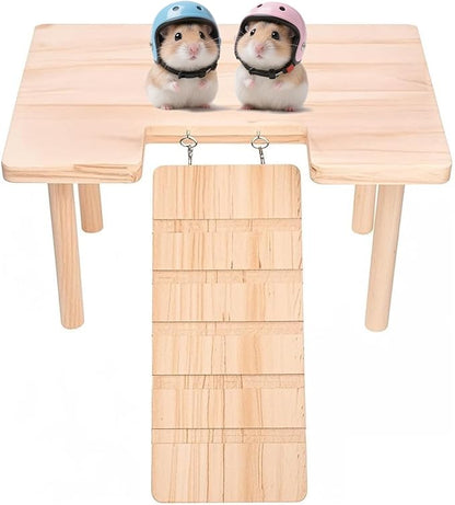 2-in-1 Wooden Hamster PlatformClimbing Stairs for Food Bowl Water Bottle Hamster Cage Accessories Dwarf Syrian Hamsters Gerbils Mice or Other Small Pets（Ladder - Middle）