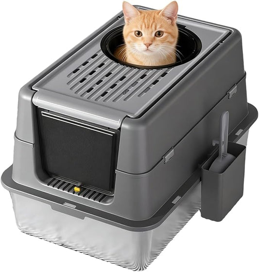23.62" Large Stainless Steel Litter Box for Large Cats, Enclosed Cat Litter Pan with 180° Flip-Top Lid, Dual Entry Front Door & Top Entrance, Easy Clean Odor Control for Multi-Cat