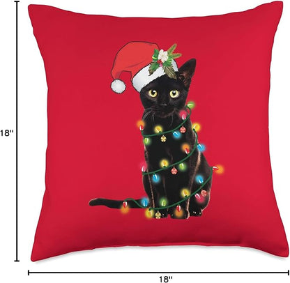 Santa Black Cat Tangled Up in Christmas Tree Lights Holiday Throw Pillow