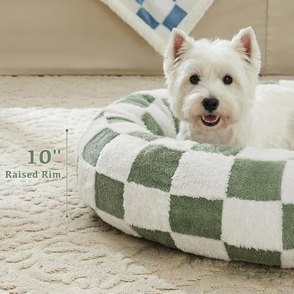 Ohocut Checkered Dog Bed, Cute Sage Green Retro Style Aesthetic Round Warming Pet Calming Beds for Small Dog and Cats, Plush Cozy Donut Washable, 30" L x 30" W x 8" Th