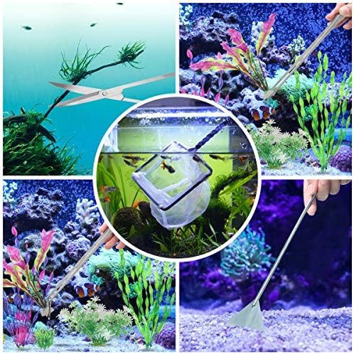 7 in 1 Aquarium Aquascape Tool Kit 15 inch, Aquatic Plant Extra Long Aquascaping Tool for Aquarium Fish Tanks Clean Accessories Set with Silver Tweezer Scissor Spatula, Fish Net, PH Paper, Bag
