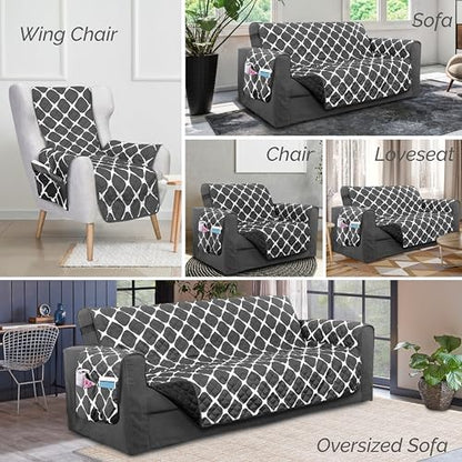 Elegant Comfort Quilted Furniture Protectors Solid and Printed Design Reversible Slipcovers Featuring Elastic Straps and Smart Pockets Great for Pets, Kids and More, Bloomingdale Chair, Navy/Gray