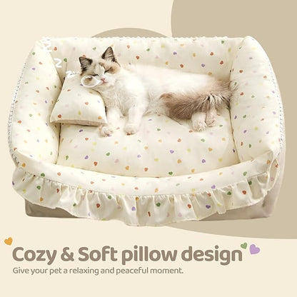 Jiupety Cat Bed for Indoor Cats Removable Washable Pet Beds with Slip-Resistant Bottom Ruffled Puppy and Kitten Beds with Pillow, Beige 21"x15"