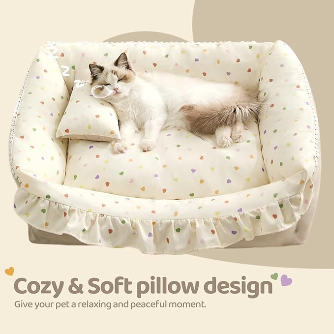 Jiupety Cat Bed for Indoor Cats Dog Beds for Small Dogs Removable Washable Small Dog Beds Pet Beds with Slip-Resistant Bottom Ruffled Puppy Beds with Pillow,Beige 24"x20"