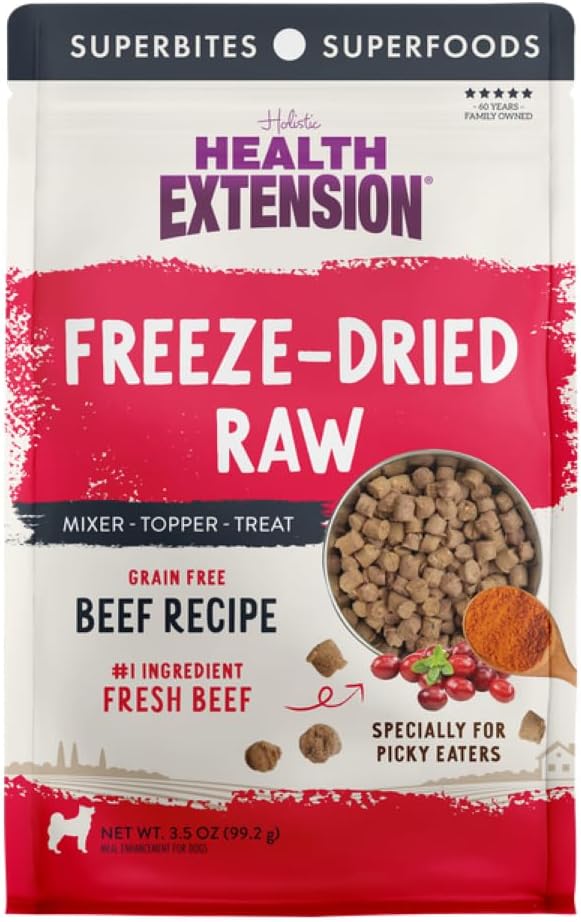 Health Extension SuperBites Freeze-Dried Raw Beef Meal Mixer for Dogs, (3.5 oz, 99.2 g) – Premium Blend with Raw Proteins and Superfoods for Optimal Nutrition