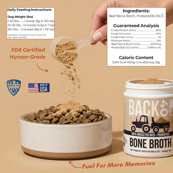 Back 40 Dogs Grass-Fed Beef Bone Broth Powder for Dogs with Probiotics, Chondroitin & Glucosamine – Supports Gut Health, Joint & Immune System – Human Grade Dog Food Toppers for Picky Eaters, 6.4oz