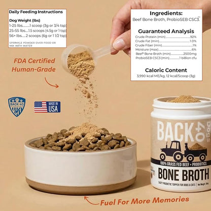 Back 40 Dogs Grass-Fed Beef Bone Broth Powder for Dogs with Probiotics, Chondroitin & Glucosamine – Supports Gut Health, Joint & Immune System – Human Grade Dog Food Toppers for Picky Eaters, 6.4oz