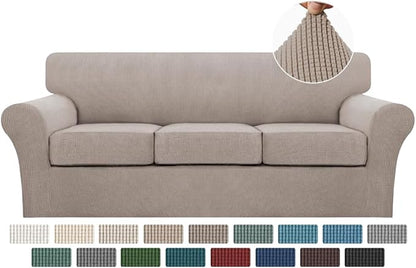 Turquoize 4 Piece Sofa Slipcover Sofa Covers for 3 Cushion Couch Soft Couch Cover for Dogs-Washable Sofa Furniture Covers with 3 Individual Cushion Covers,Feature Jacquard Fabric(3 Cushion Sofa, Sand)