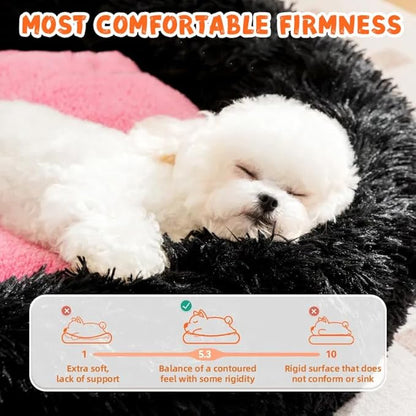 Calming Dog Cat Bed, Anti-Anxiety Donut Warming Cozy Soft Round Bed, Machine Washable, Fluffy Faux Fur Plush Cushion Bed for Small Medium Dogs and Cats