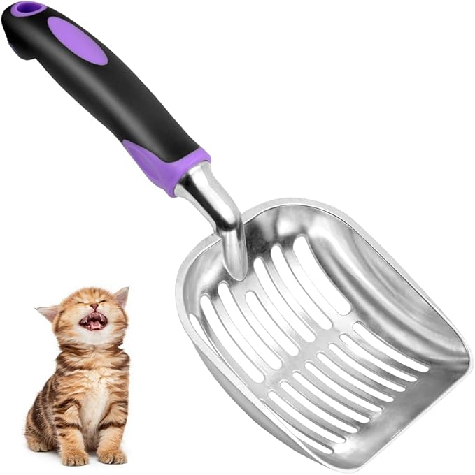 Showvigor Cat Litter Scoop, Metal Cat Scooper, Rubber Handle Scoop, Sifting Shovel – Heavy Duty Aluminum Alloy Litter Box Scoop with Deep Mesh, Design for Easy Waste Removal and Cleaning(Purple)