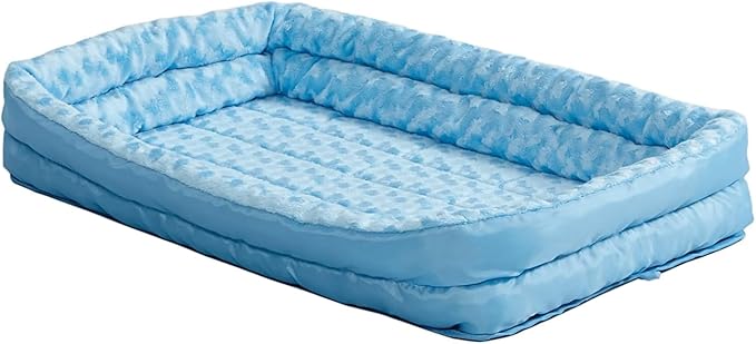 MidWest Homes for Pets Small QuietTime Double Bolster Pet Bed, Blue Plush 24-Inch Crate Mat with Stacked Bolsters, Machine Washable, Secure Fit with Elastic Straps