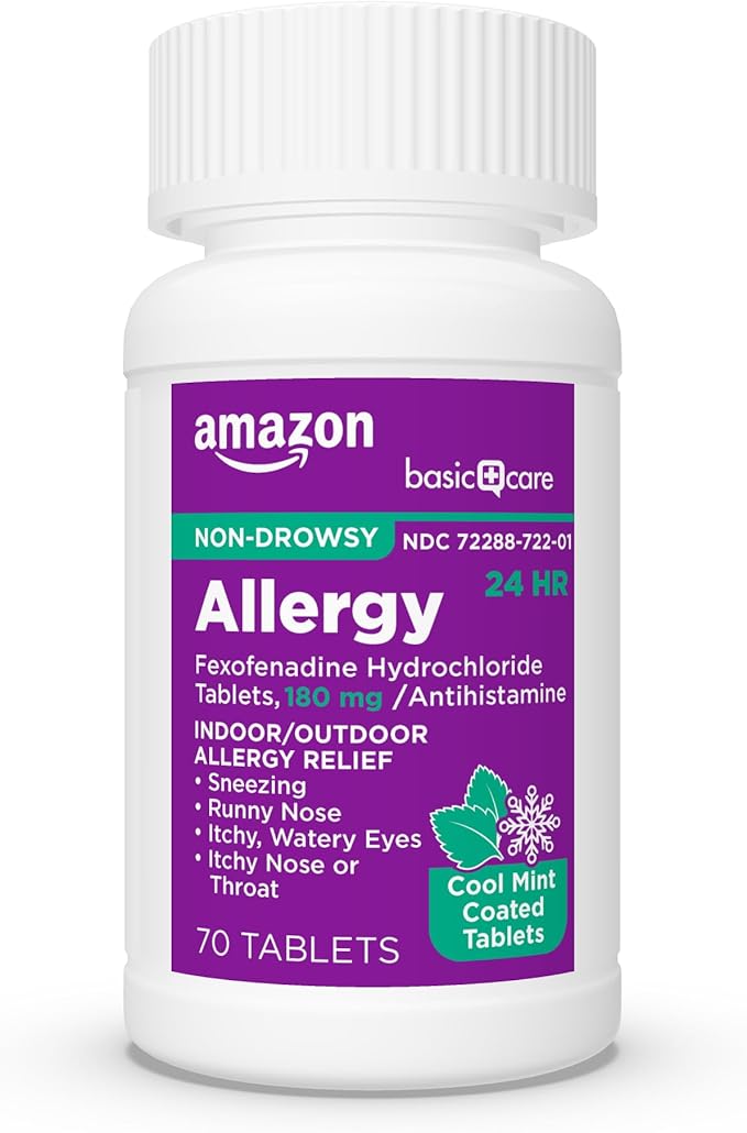Amazon Basic Care Allergy Relief, 24 Hour, Fexofenadine Hydrochloride 180 mg, Non-Drowsy Antihistamine, Cool Mint Coated Tablets, 70 Count (Pack of 2)