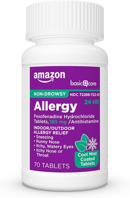 Amazon Basic Care Allergy Relief, 24 Hour, Fexofenadine Hydrochloride 180 mg, Non-Drowsy Antihistamine, Cool Mint Coated Tablets, 70 Count (Pack of 2)