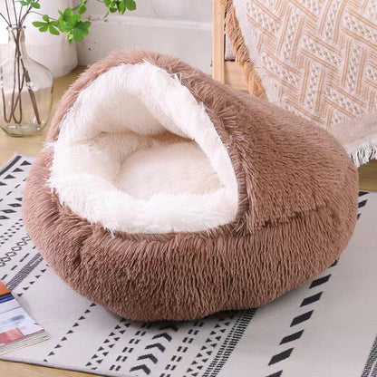 Cat Bed Round Fluffy Hooded Cat Bed Cave, Anti-Anxiety Cave Bed with Hooded Blanket, Cozy Cuddler Luxury Puppy Pet Bed, Anti-Slip Bottom and Machine Washable (Brown, Medium)