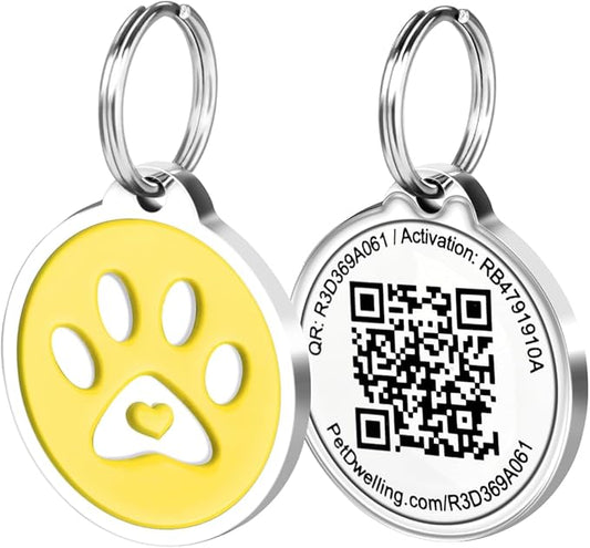 Pet Dwelling QR Code Pet ID Tag – Smart Dog & Cat ID Tags for Pet Safety, Free Personalized Online Profile, Instant Scan Alerts, AI Insights (Yellow Paw)